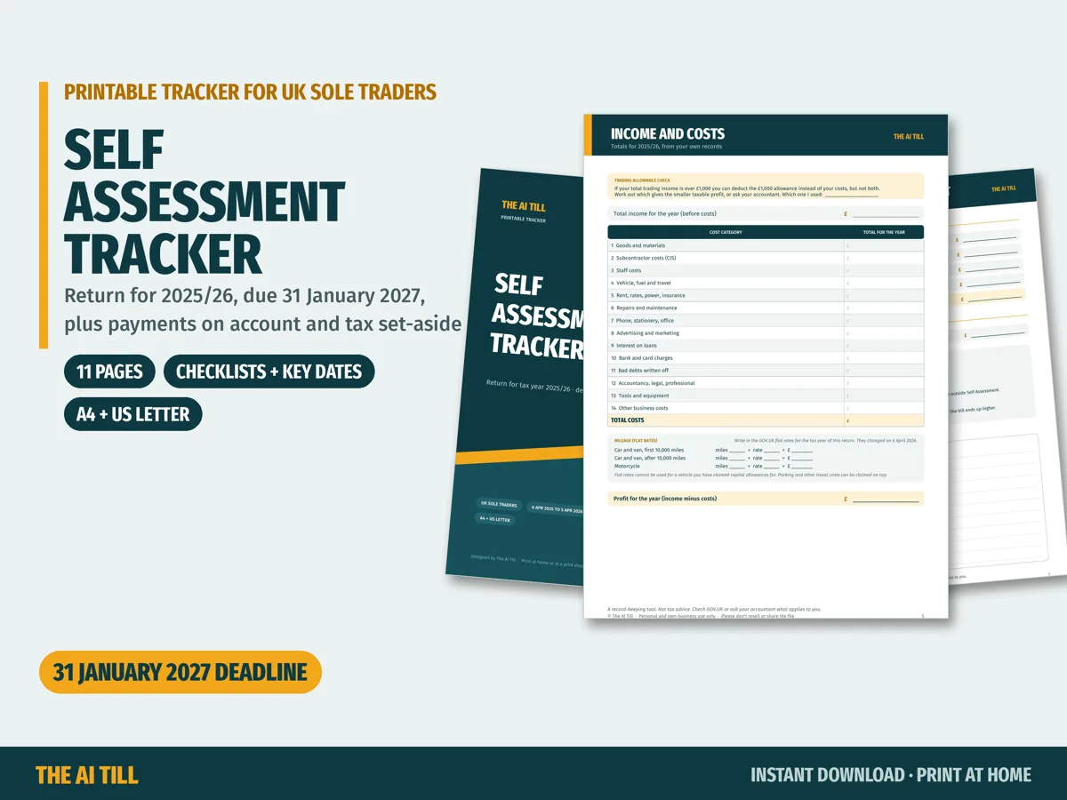 Self Assessment checklist and records tracker for the 2025-26 UK tax return with income and expenses summary page